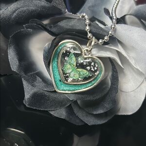 Silver Clear and Green Heart Resin Pendant w/Free Necklace